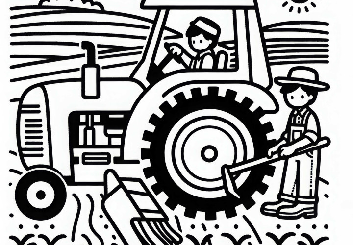 Agricultor com trator trabalhando no campo – Desenho para colorir simples e gratuito
