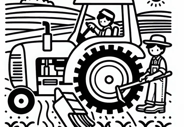 Granjero con tractor trabajando en el campo – Plantilla para colorear fácil y gratuita