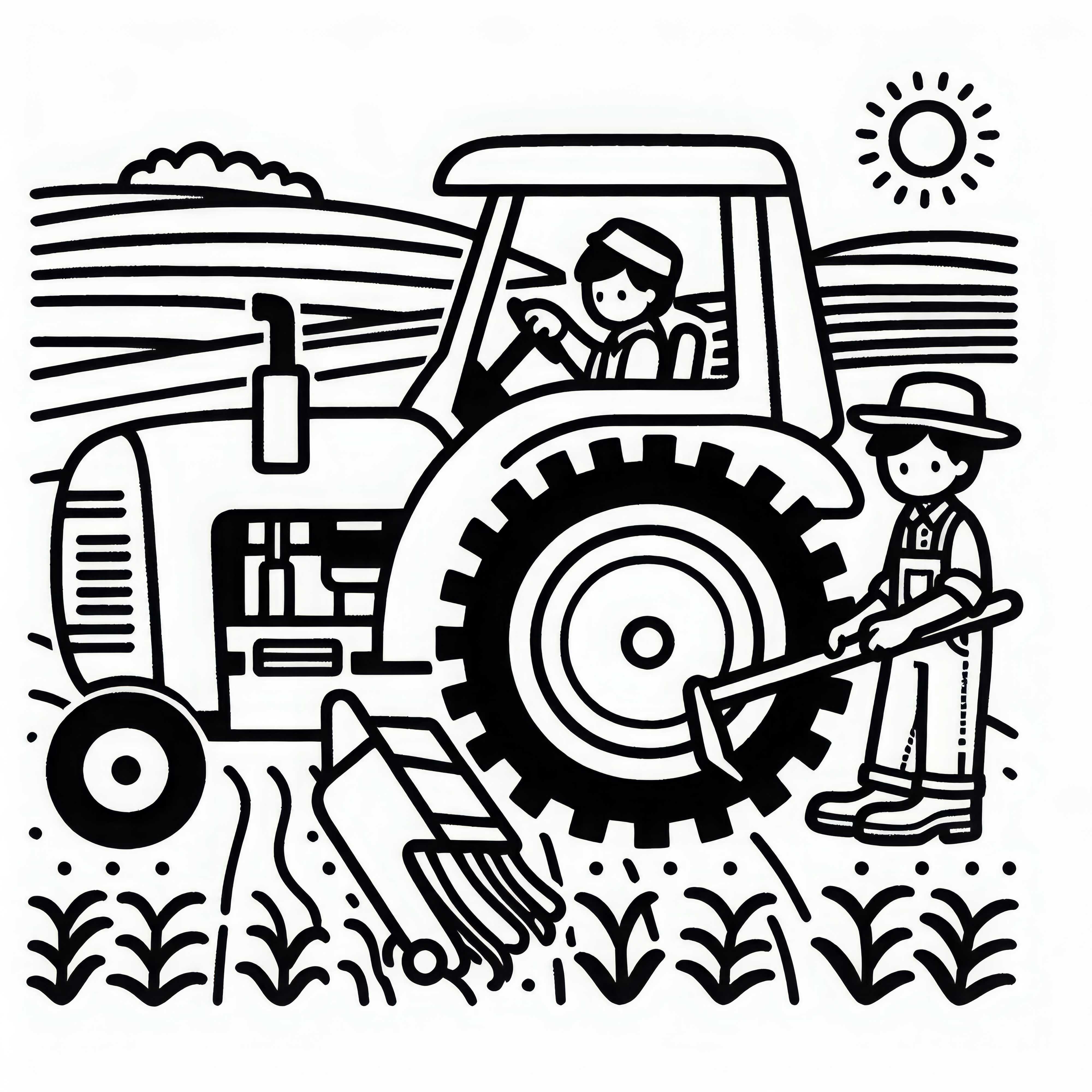Agricultor com trator trabalhando no campo - Desenho para colorir simples grátis