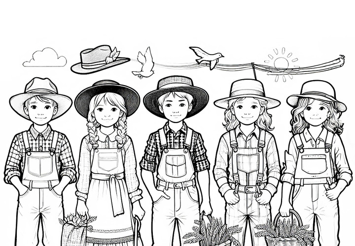 Crianças se vestindo de fazendeiro – Desenho para colorir detalhado gratuito