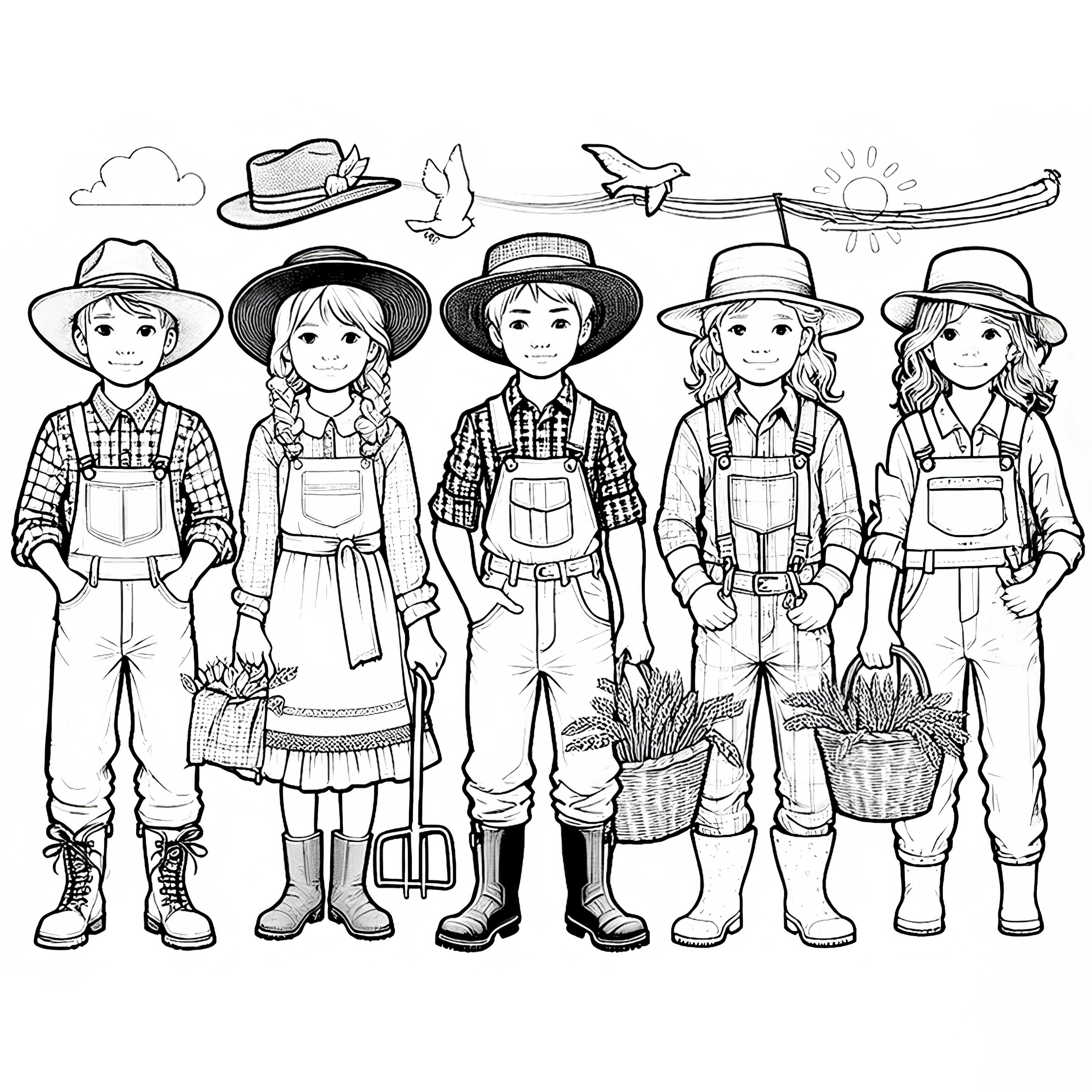 Crianças se fantasiando de fazendeiros - Modelo para colorir detalhado e gratuito