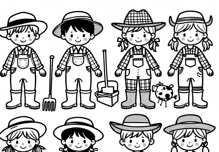 Kinder, die sich als Bauer verkleiden – Ausmalbild zum Download Kinder, die sich als Bauer verkleiden – Ausmalbild zum Download