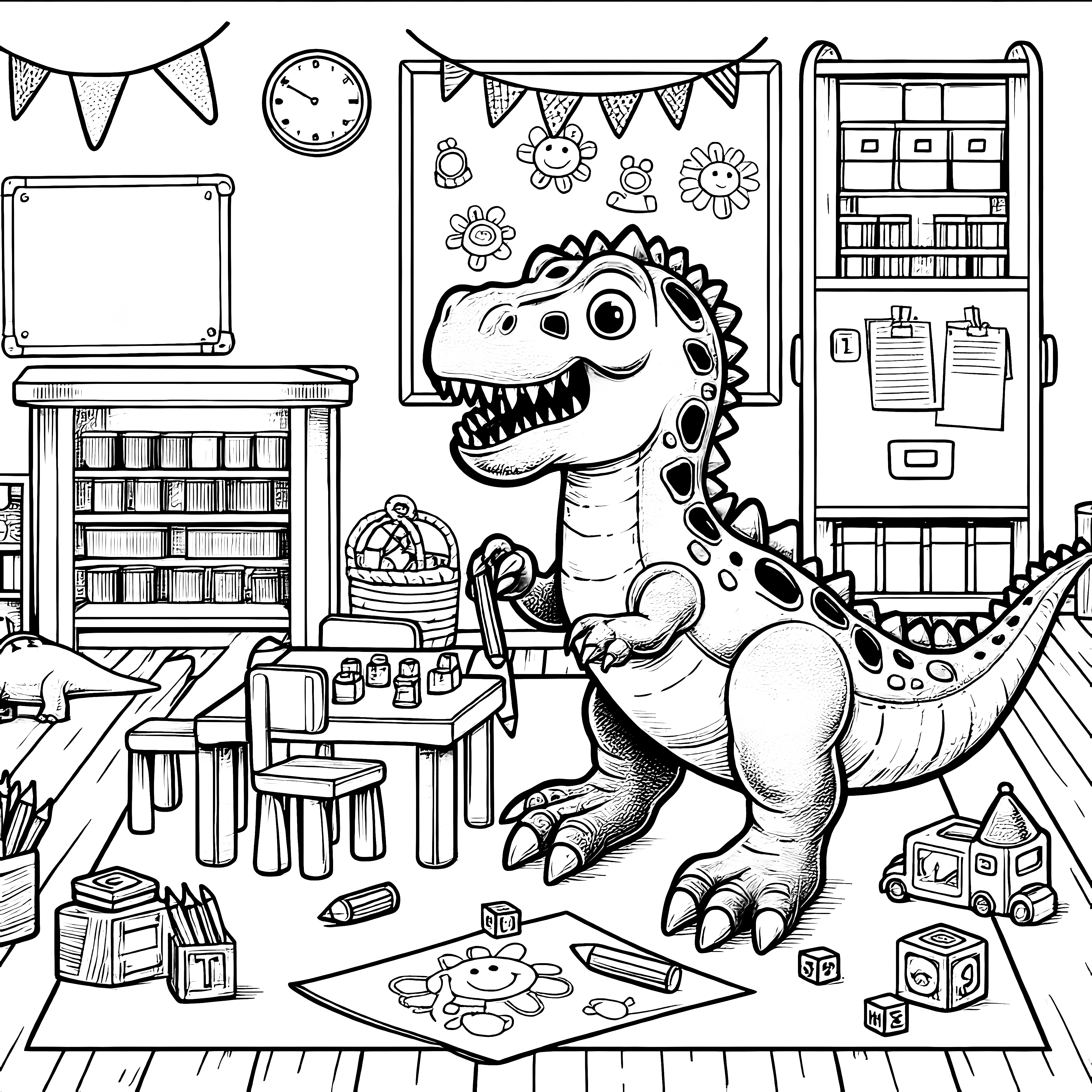 Dinosaury v triede, obklopené hračkami a učebnými pomôckami