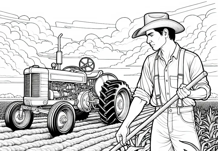 Bauer mit Traktor bei der Arbeit auf dem Acker – Malvorlage kostenlos
