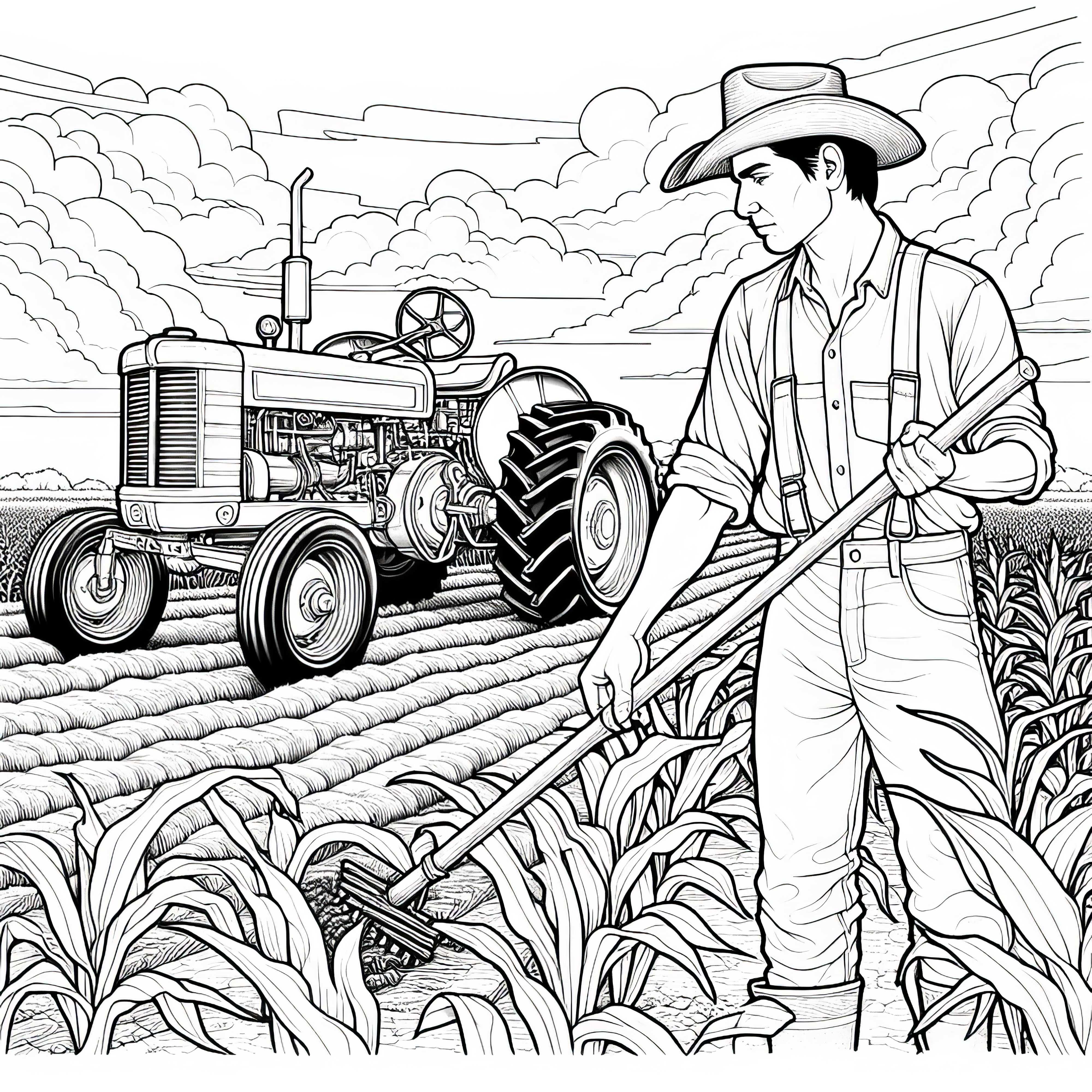 Bauer mit Traktor bei der Arbeit auf dem Acker – Malvorlage kostenlos