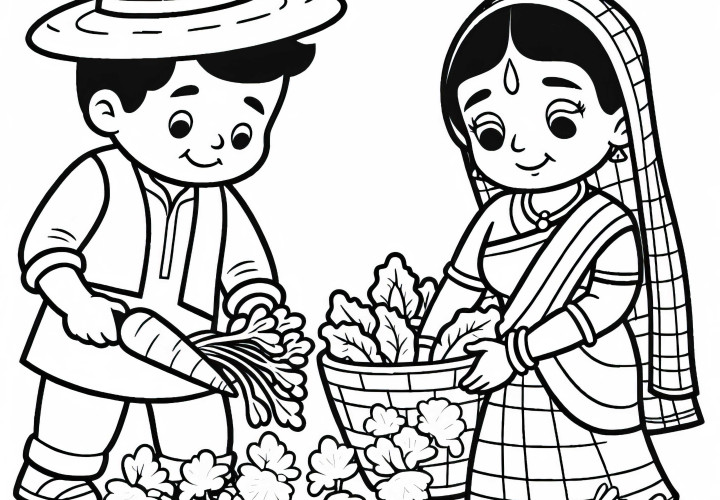 Petani Memanen Sayuran - Gambar Mewarnai Gratis