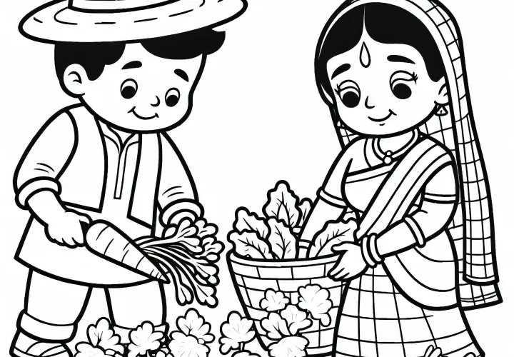 Los agricultores cosechan verduras - Dibujo para colorear gratuito