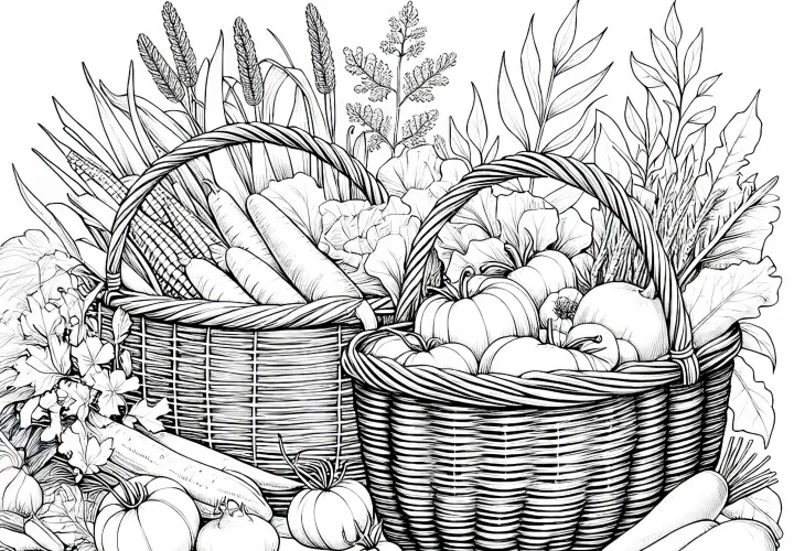 Körbe mit Gemüse eines Bauern – Malvorlage detailreich und gratis