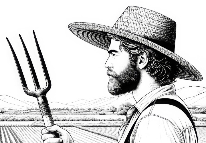 Petani dengan topi jerami di ladang – Gambar mewarnai yang detail untuk diunduh secara gratis