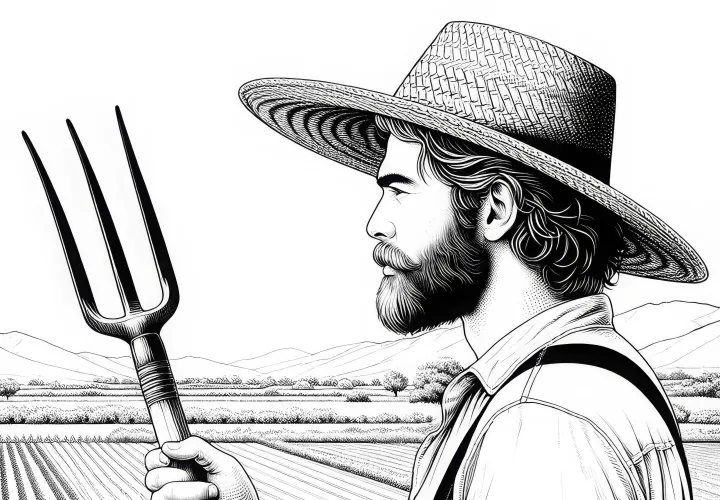 Granjero con sombrero de paja en el campo - Imagen para colorear detallada para descargar gratis