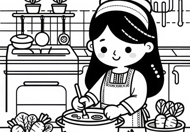 Köchin bei der Zubereitung von Gemüse in der Küche – Malvorlage einfach gratis