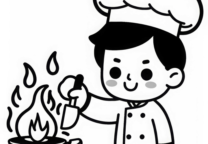 Koch, der mit Pfanne etwas flambiert – Ausmalbild einfach kostenlos Koch, der mit Pfanne etwas flambiert – Ausmalbild einfach kostenlos