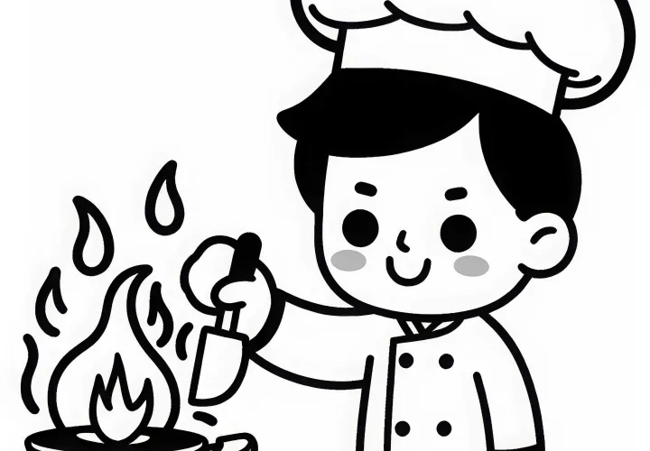 Koch, der mit Pfanne etwas flambiert – Ausmalbild einfach kostenlos