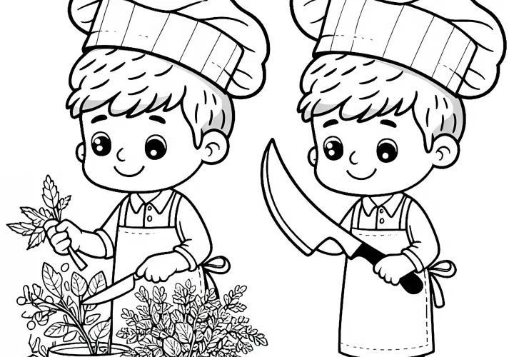 Koch beim Abschneiden von Kräutern - Malvorlage einfach kostenlos