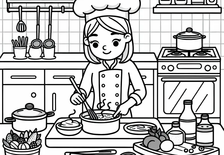 Einfache Malvorlage für Kinder: Köchin in der Küche beim Anrichten eines Gerichts