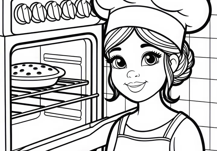 Köchin bei Kontrolle eines Ofens – Malvorlage einfach gratis