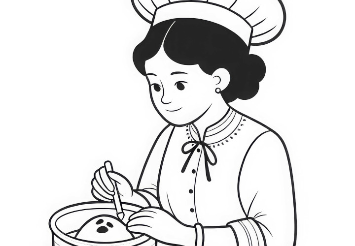 Köchin mit Konditorhut bei Herstellung eines Desserts - Malvorlage kostenlos Köchin mit Konditorhut bei Herstellung eines Desserts - Malvorlage kostenlos