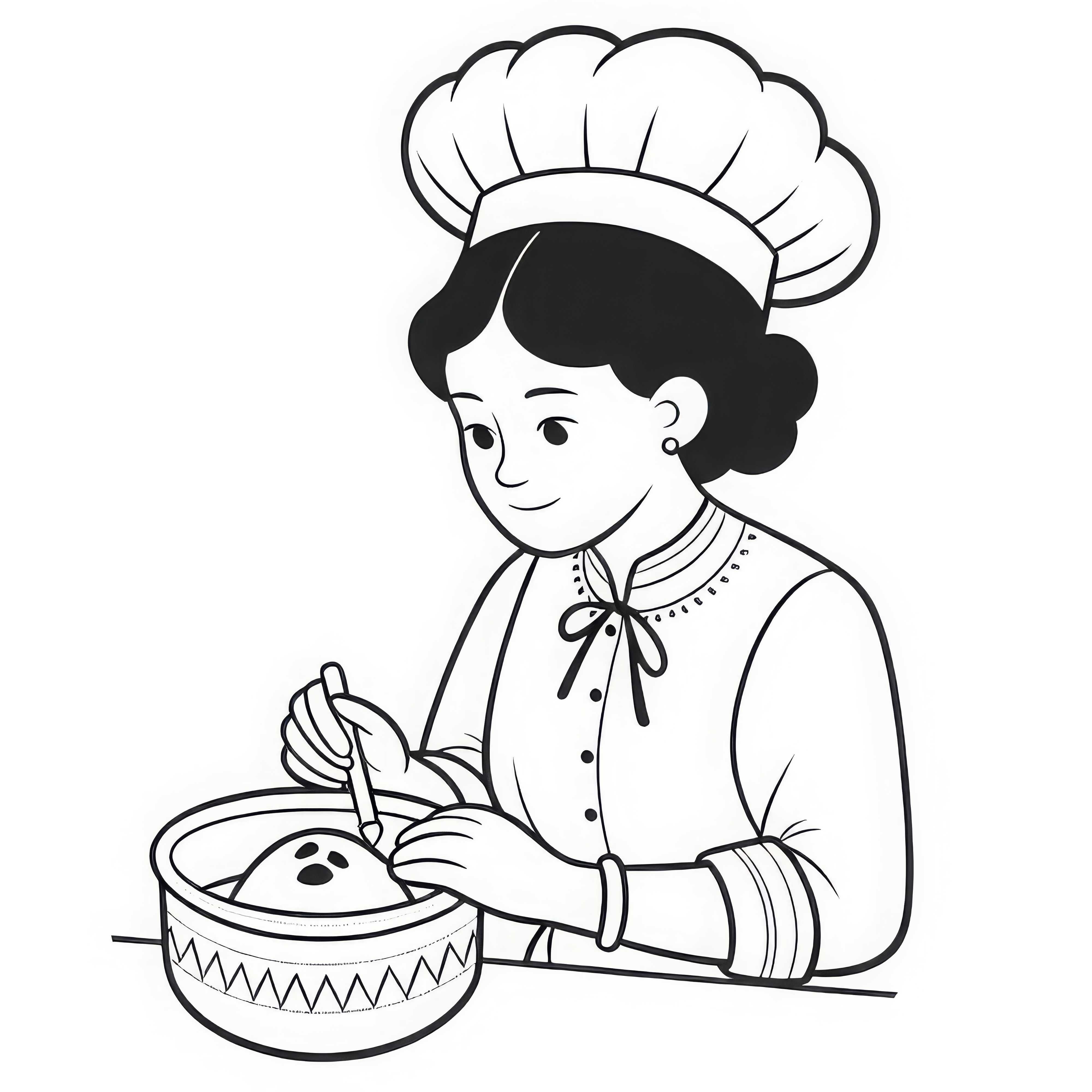 Köchin mit Konditorhut bei Herstellung eines Desserts - Malvorlage kostenlos