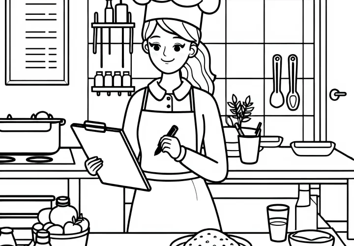 Ausmalbild Berufe: Kochin mit neuen Rezepten – Malvorlage einfach kostenlos