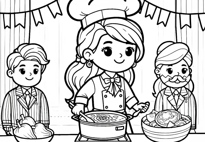 Köchin bei Kochwettbewerb auf Bühne – Malvorlage einfach gratis