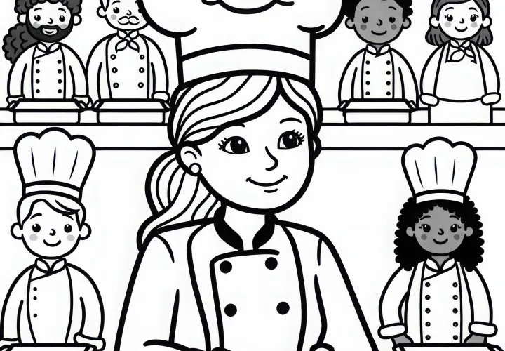 Köchin mit Team von Köchen – Malvorlage einfach kostenlos