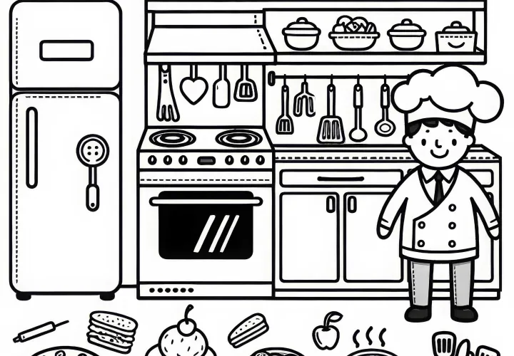 Kostenlose Ausmalvorlage einer Küche mit Koch
