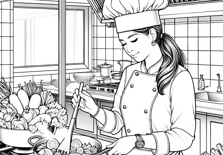 Köchin bei der Zubereitung von Gemüse in der Küche – Ausmalbild