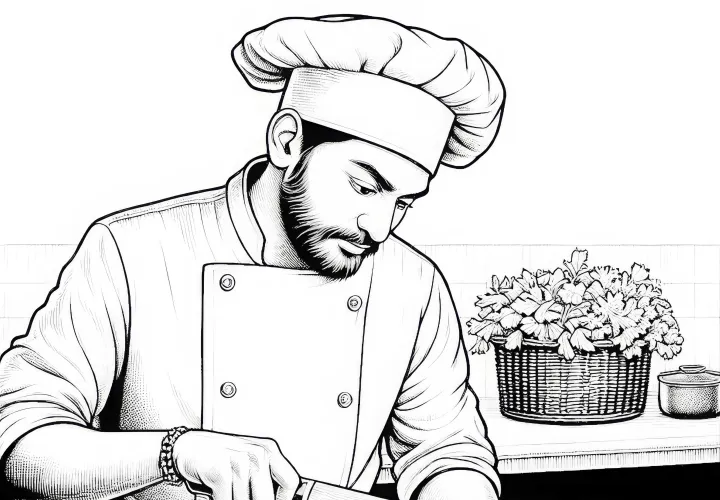 Koch mit Kochmesser beim Schneiden von Kräutern – Ausmalbild zum Download