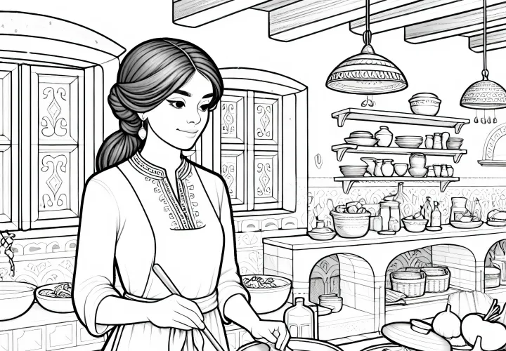 Köchin in der Küche beim Zubereiten von Gerichten - Malvorlage detailreich gratis