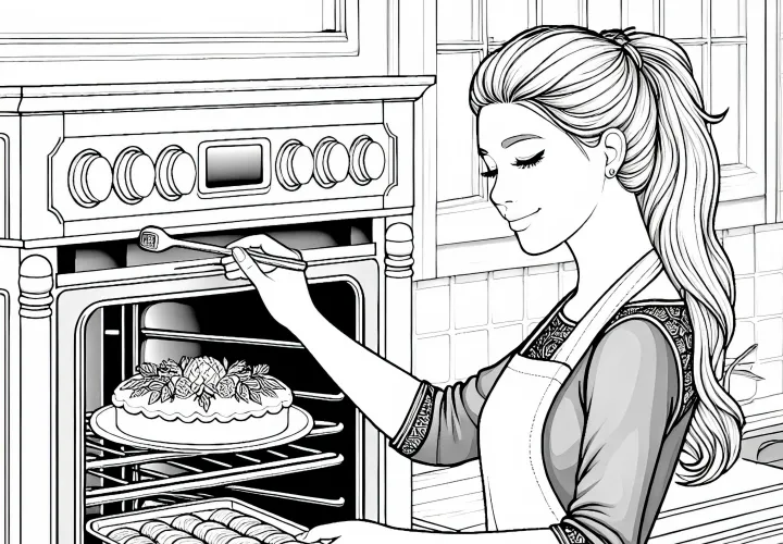 Köchin bei Kontrolle eines Ofens – Malvorlage in hoher Detailtiefe für kostenloses Ausmalen