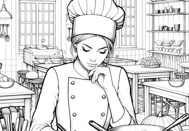 Köchin im Restaurant mit Pflanzen: Neue Rezepte als Ausmalbild – Detailreich und Kostenlos