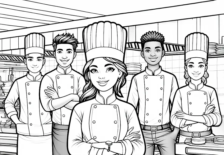 Köchin mit Team von Köchen in Großküche – Ausmalbild detailreich gratis