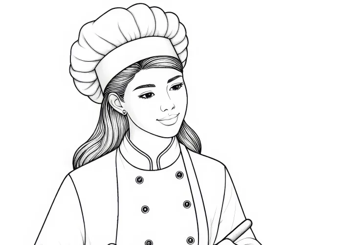Köchin mit Konditorhut bei der Herstellung eines Desserts – Malvorlage kostenlos