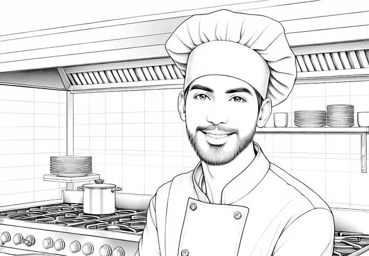 Großküche mit Koch – Malvorlage detailreich und gratis