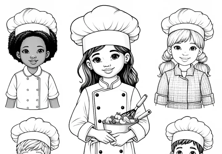 Kinder, die sich als Köche verkleiden – Ausmalbild in hoher Qualität