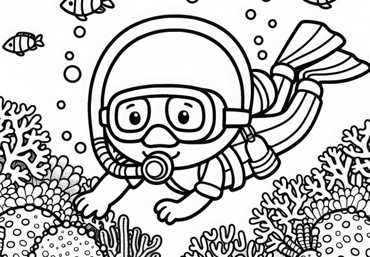 Plongeur explore le récif corallien - Modèle de coloriage gratuit et simple Plongée exploratoire de récifs coralliens - Modèle à colorier simple et gratuit