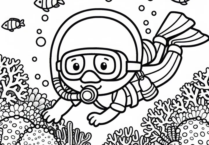 Taucher erkundet Korallenriff - Malvorlage einfach kostenlos