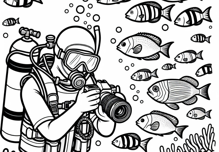 Un plongeur prend en photo des poissons sous l'eau - Dessin à colorier simple gratuit Un plongeur photographie des poissons sous l'eau - Dessin à colorier simple et gratuit