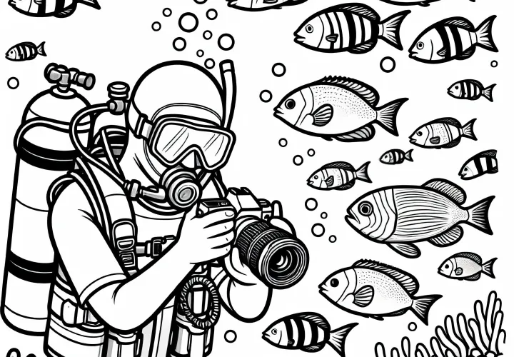 Taucher fotografiert Fische unter Wasser – Ausmalbild einfach gratis