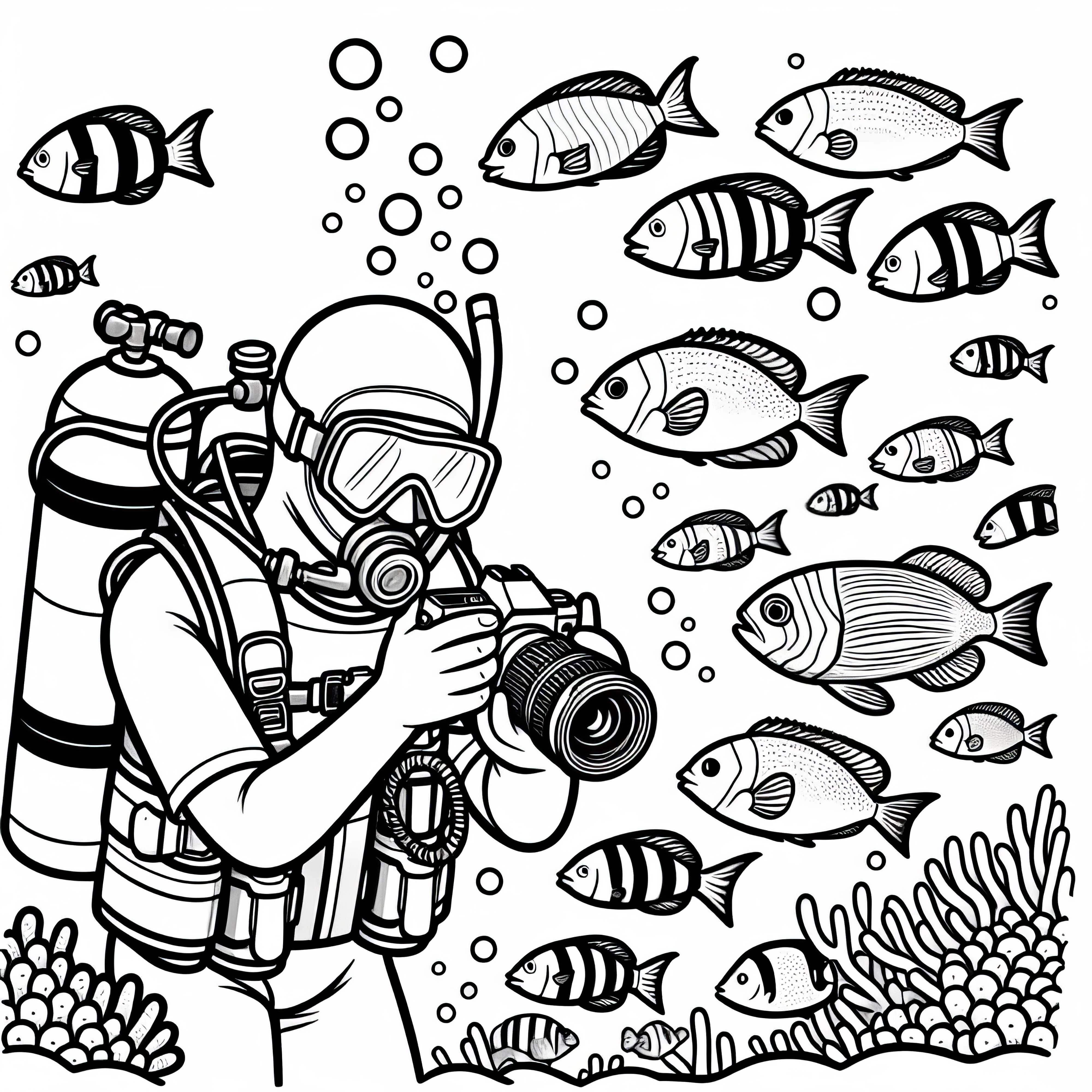 Un plongeur photographie des poissons sous l'eau – Coloriage simple gratuit