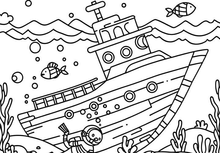 Un plongeur flotte à côté d'une épave de navire - Dessin à colorier simple et gratuit Un plongeur flotte à côté de l'épave d'un navire – dessin à colorier simple et gratuit