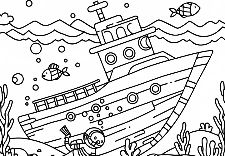 Taucher schwebt neben Schiffswrack – Ausmalbild einfach kostenlos