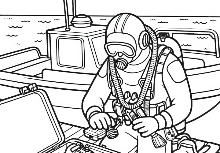 Plongeur prépare l'équipement sur le bateau – Dessin à colorier simple et gratuit Plongeur prépare son équipement sur le bateau – Modèle à colorier simple et gratuit