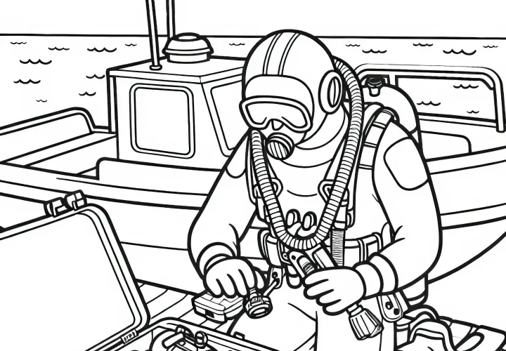 Taucher bereitet Ausrüstung am Boot vor – Malvorlage einfach kostenlos