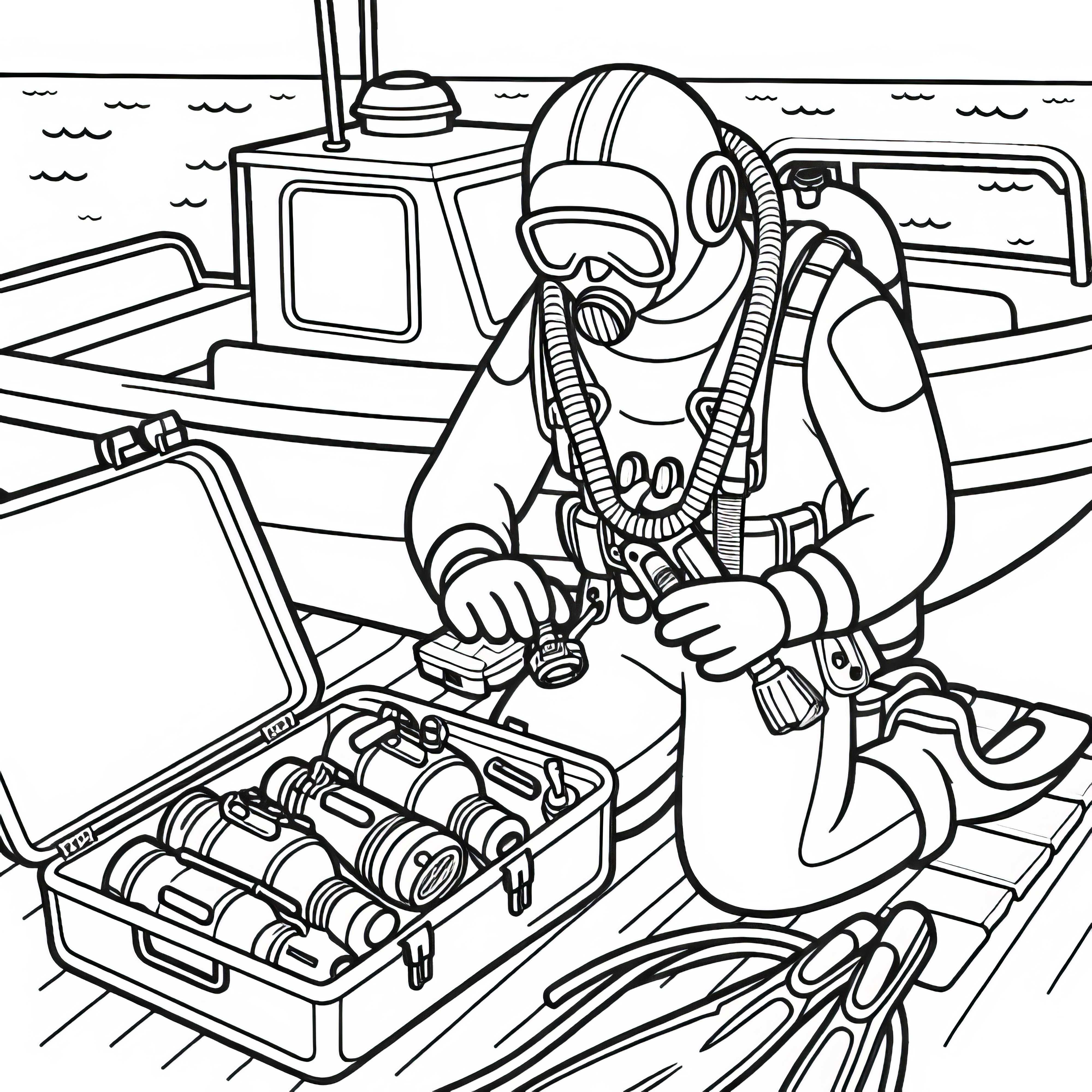 Plongeur prépare l'équipement sur le bateau - Dessin à colorier simple et gratuit