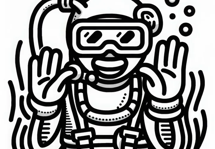 Taucher kommuniziert mit Handzeichen unter Wasser – Ausmalbild kostenlos