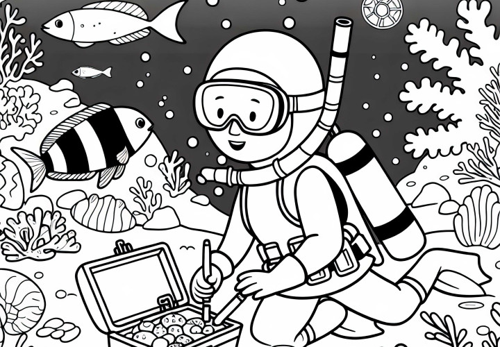 Plongeuse découvre un trésor au fond de la mer – Dessin à colorier simple et gratuit Plongeuse découvre un trésor au fond de la mer – Image à colorier simple et gratuite