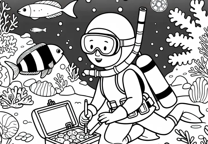 Taucherin entdeckt Schatz auf Meeresboden – Ausmalbild einfach kostenlos