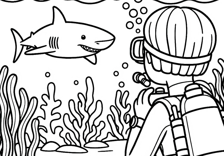 Plongeuse Observe un Requin de Loin – Modèle à Colorier Gratuit Plongeuse Observe un Requin à Distance Sécure – Modèle de Colorie Gratuit