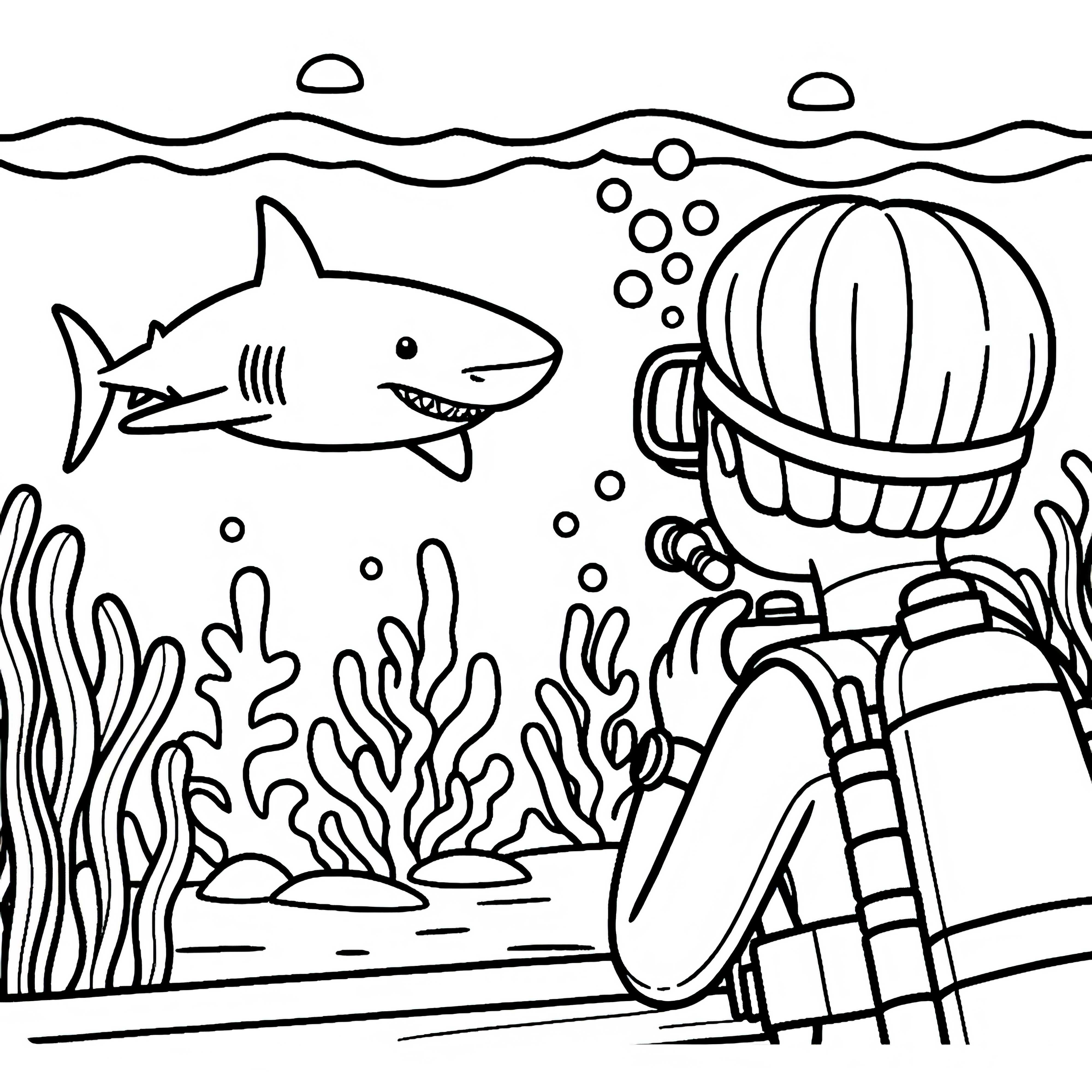 Plongeuse Observe un Requin à Distance Sûre – Modèle de Coloriage Gratuit
